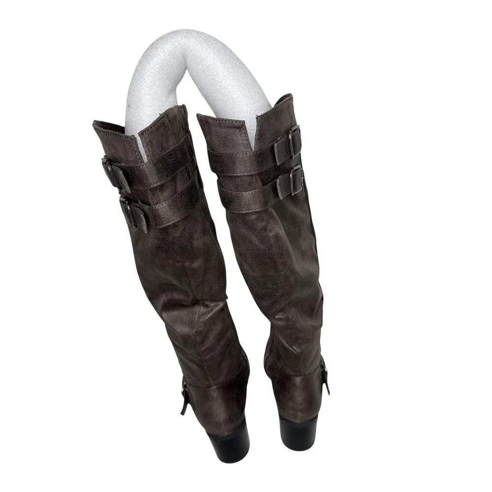 Carlos Santana Cara Knee High Boots Womens 6.5 Brown Fabric Buckle Stud Slouchy